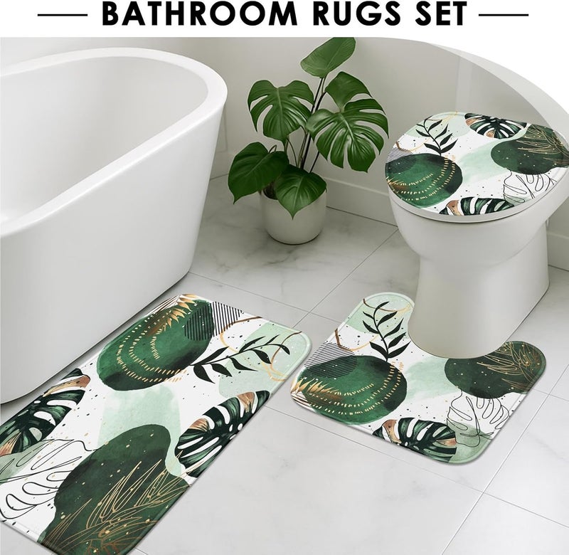 Tayney Sage Green Boho Shower Curtain Set with Toilet Lid Cover and Non-Slip Rugs, Mid Century Plant Abstract Olive 4 Pcs Modern Shower Curtain for Bathroom Set with 12 Hooks - Image 5